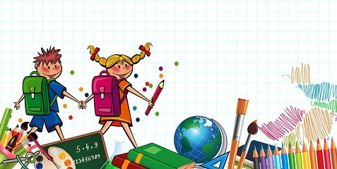 Grafika przedstawiąjąca atrybuty szkolne: kredki, globus, tablice, książki, farby, pędzle, cyrkiel i inne przybory szkolne oraz dwoje dzieci z plecakami.